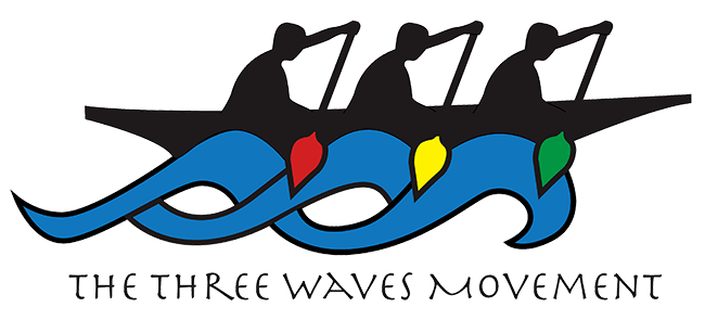 The Three Waves Movement logo with three silhouette men in rowboat with three waves.